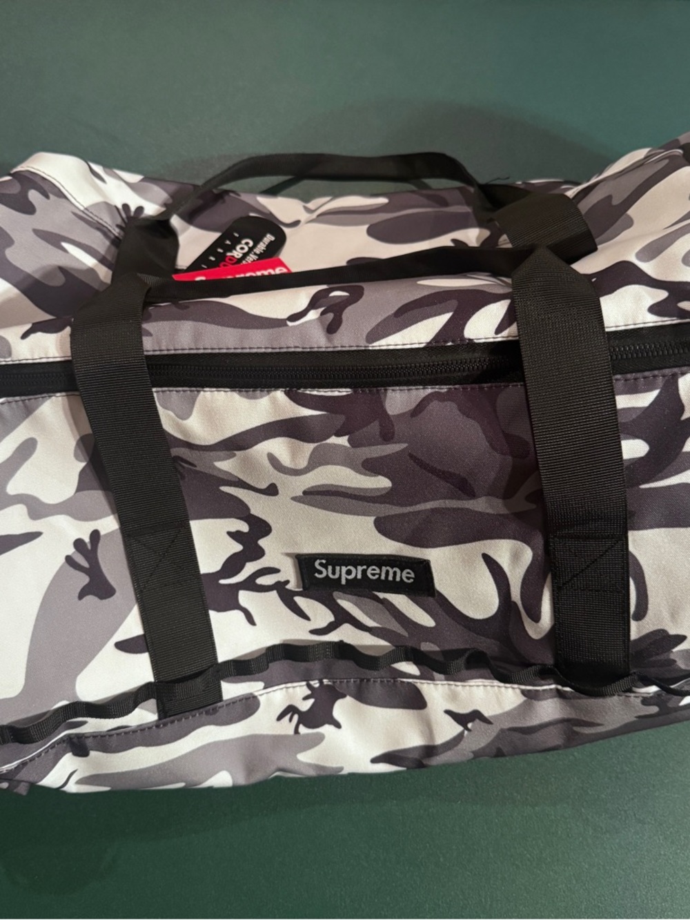 Supreme Gray Camo Duffel with Black Webbing